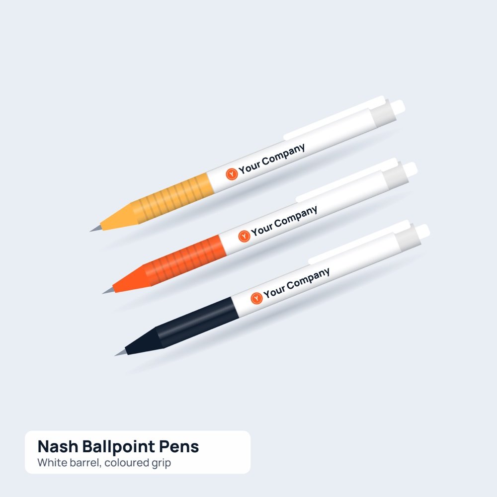 Nash Ballpoint Pens White Barrel and Coloured Grip printed by Reflyprint